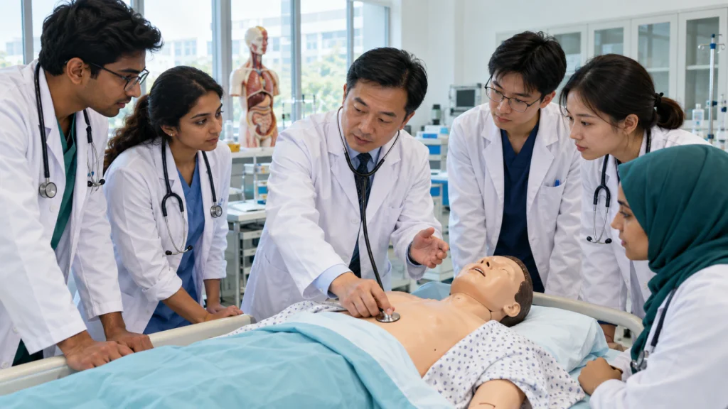Medical instructor guiding international students in a Chinese clinical skills laboratory