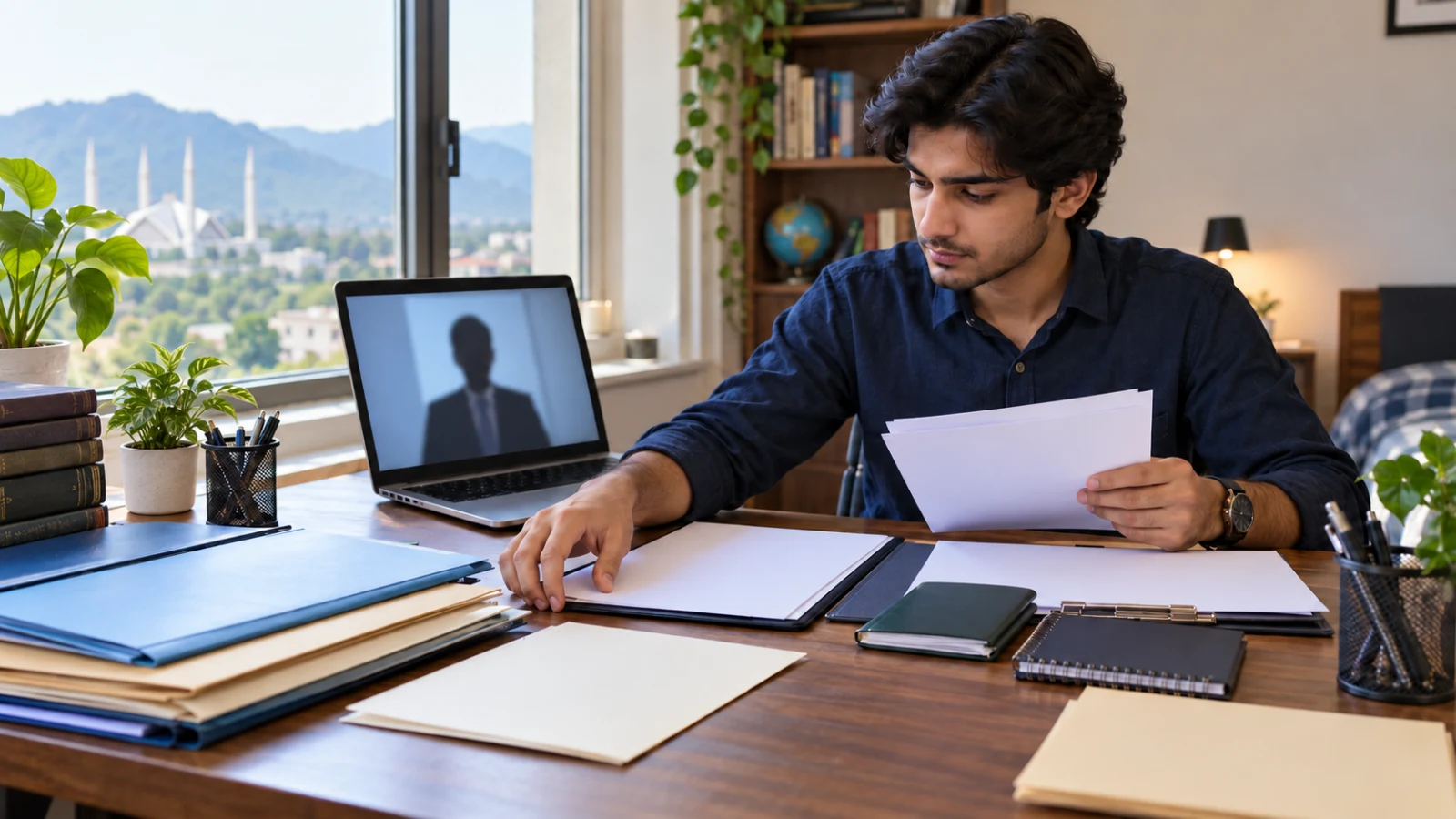 Pakistani applicant organising blank application papers while preparing for an online university interview