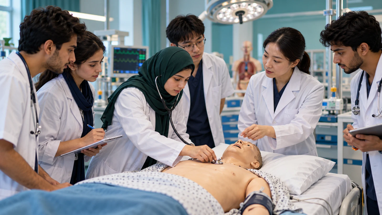 International medical students practising patient examination skills in a simulation laboratory