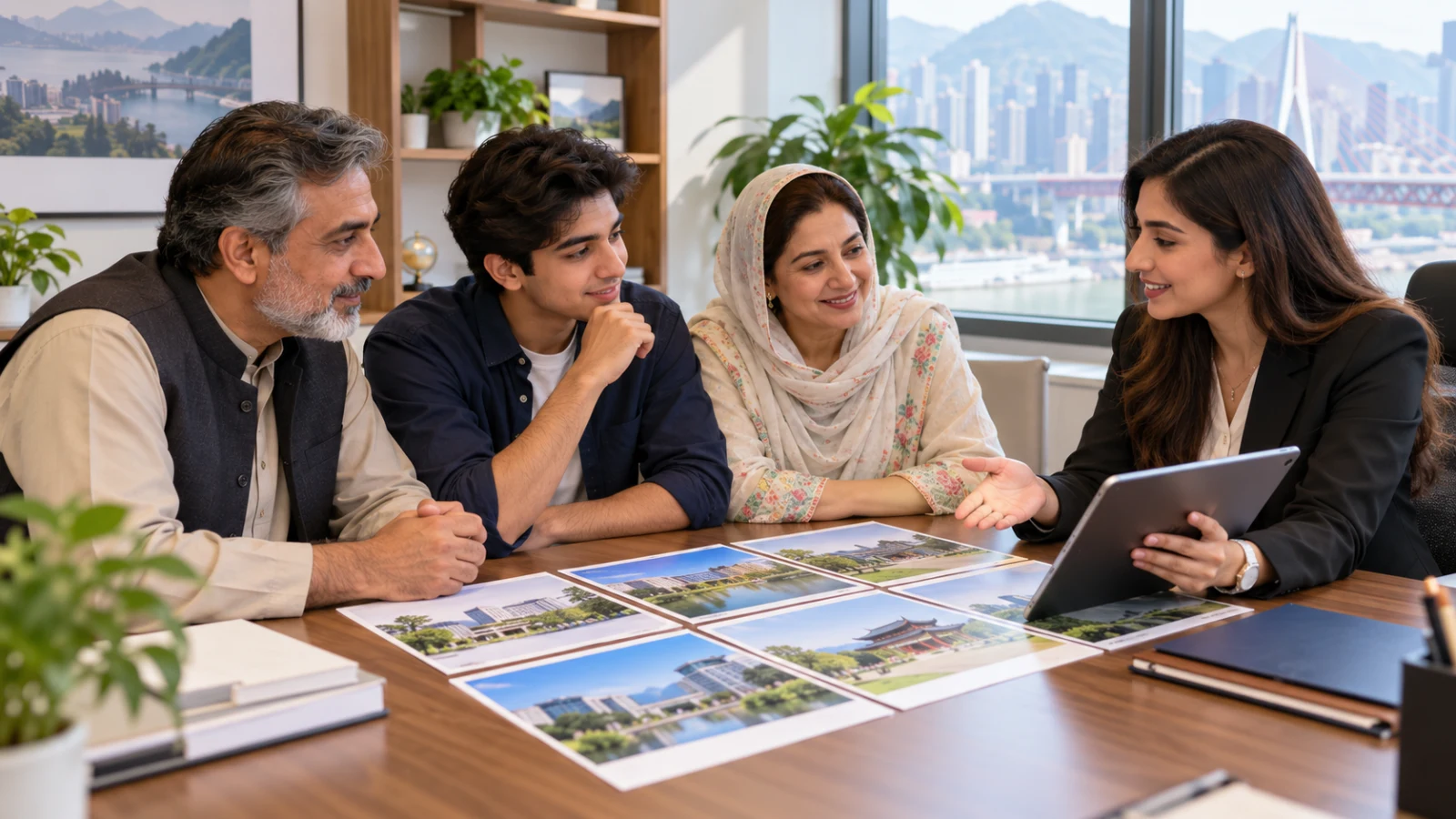 Pakistani student and parents comparing Chinese medical study options with a professional adviser
