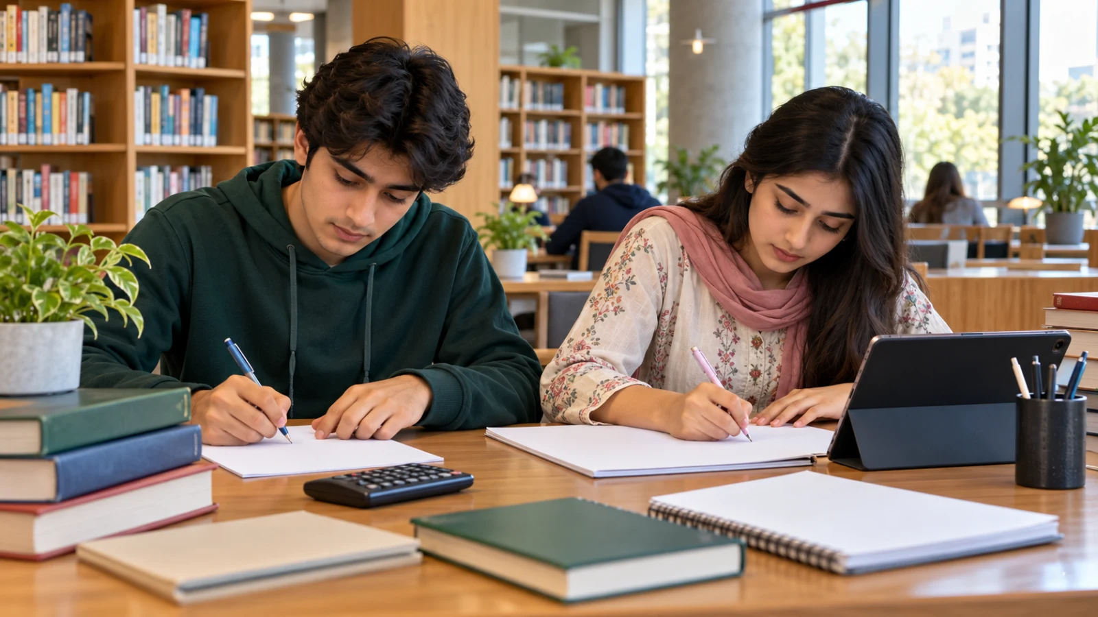 Pakistani pre-medical students preparing mathematics for the CSCA examination in a library
