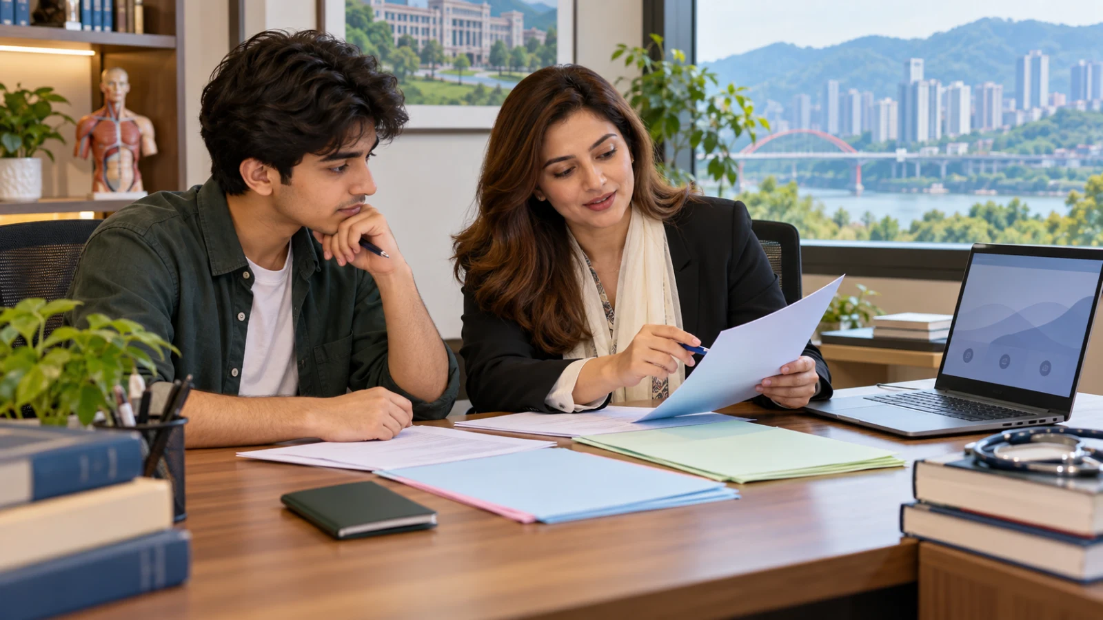Pakistani student reviewing science marks and English readiness with an education counsellor