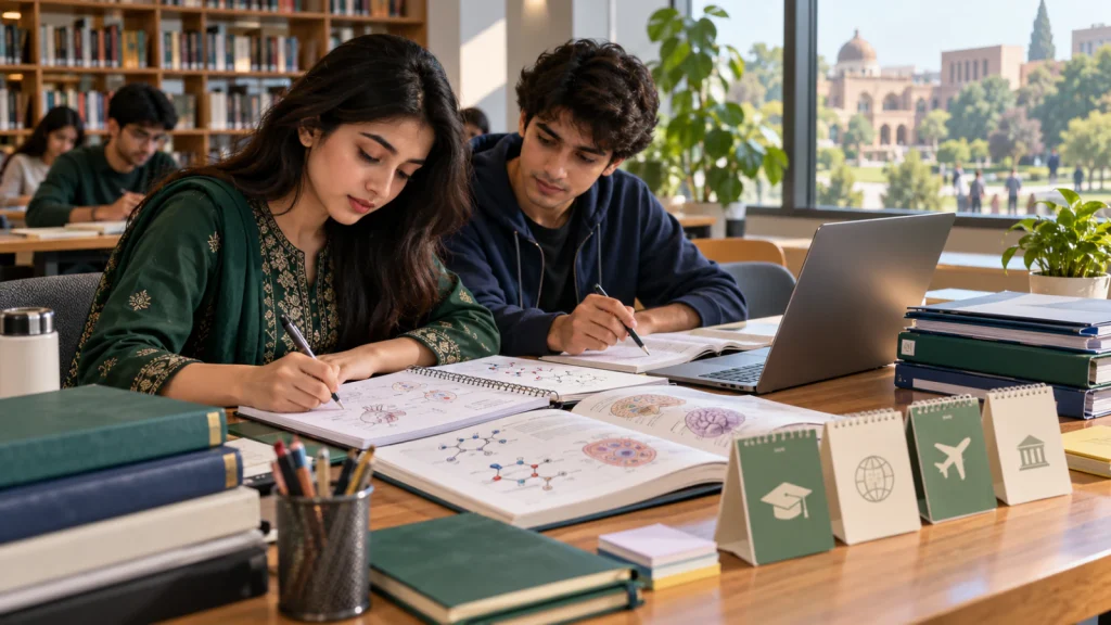 Pakistani students preparing science notes and application documents for MBBS admission in China