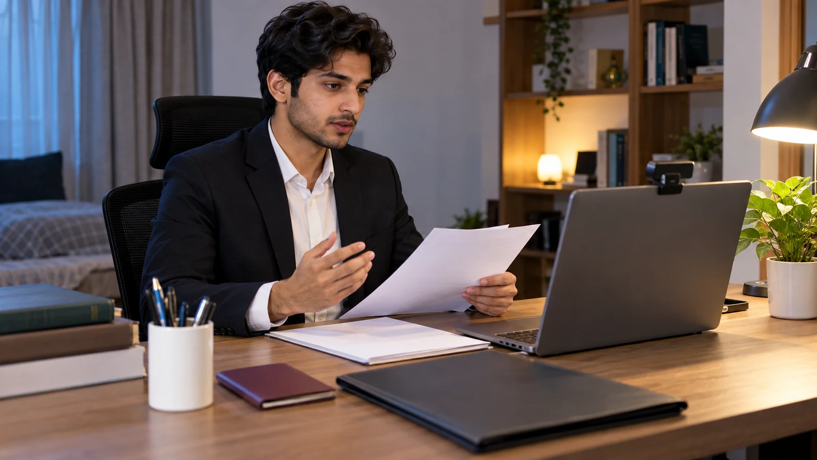 Pakistani applicant organising blank application papers while preparing for an online university interview
