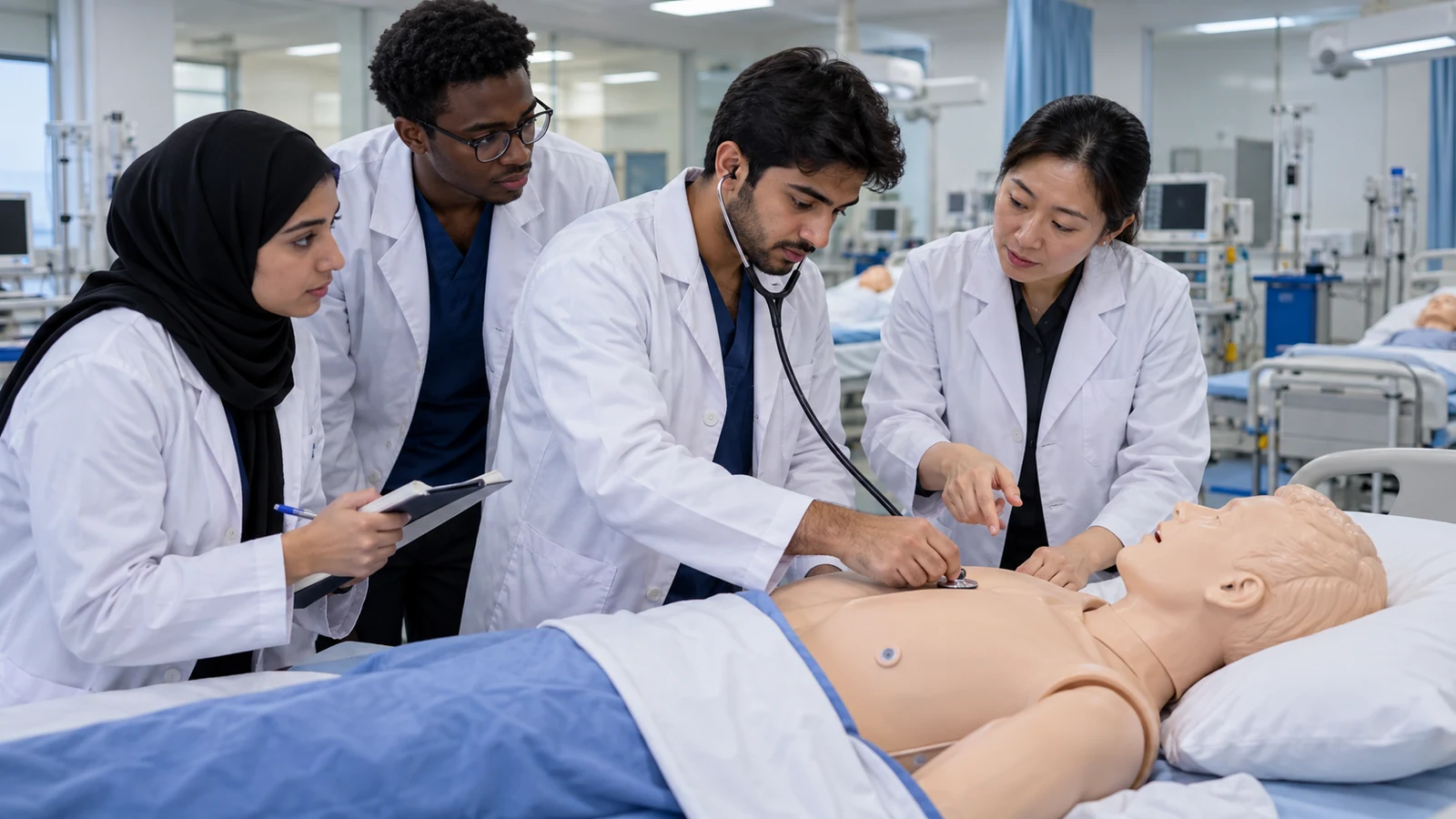 International medical students practising patient examination skills in a simulation laboratory