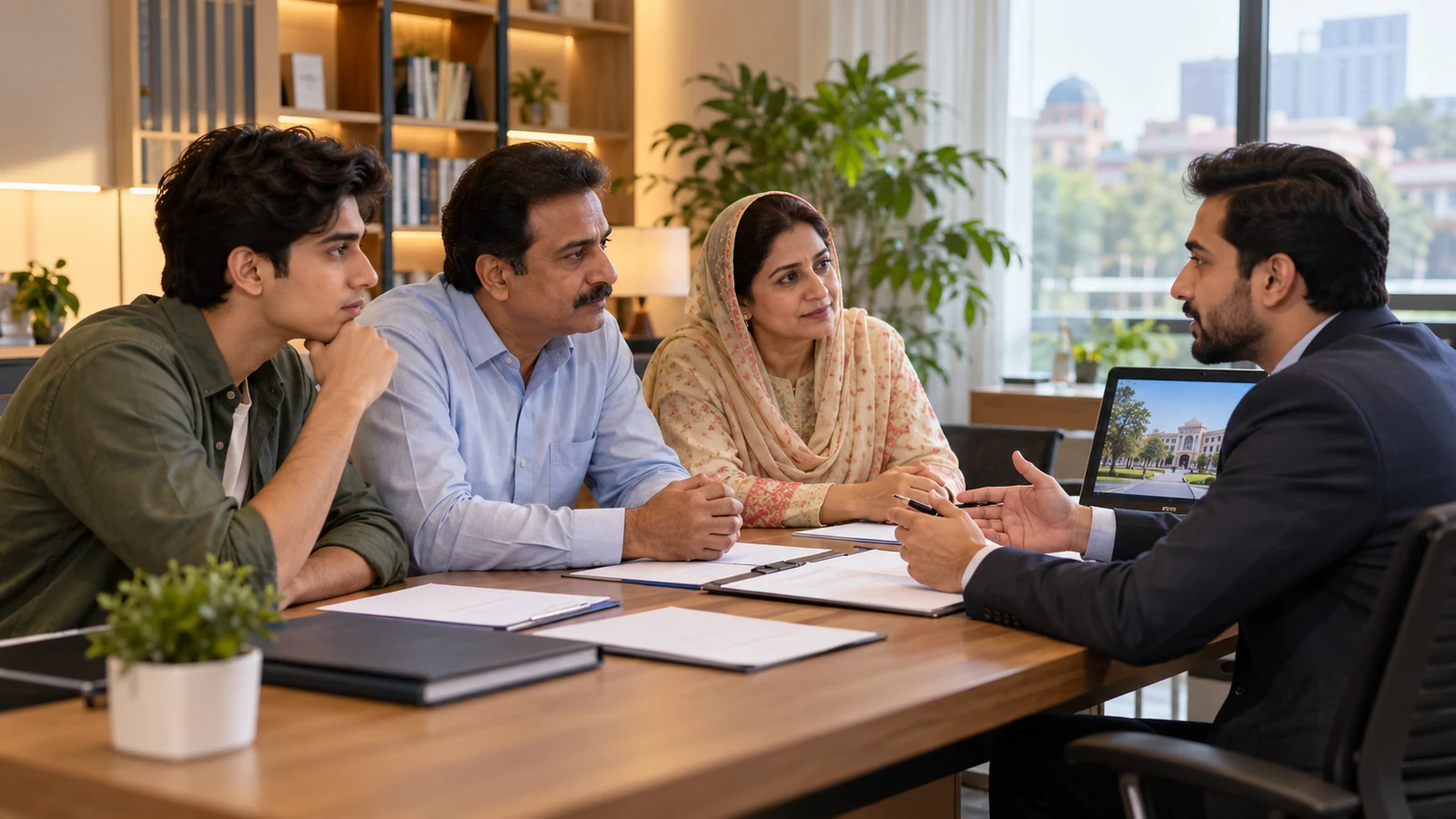 Pakistani student and parents comparing Chinese medical study options with a professional adviser