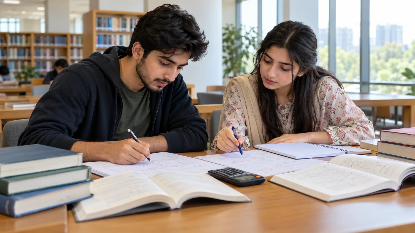 Pakistani pre-medical students preparing mathematics for the CSCA examination in a library