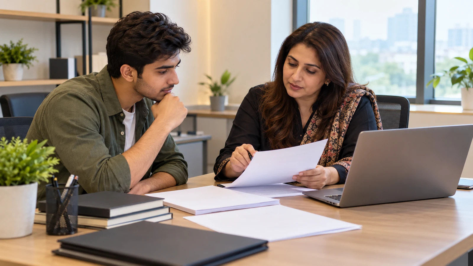 Pakistani student reviewing science marks and English readiness with an education counsellor