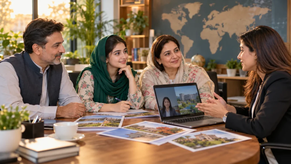Pakistani student and parents discussing MBBS university options in China with an education adviser