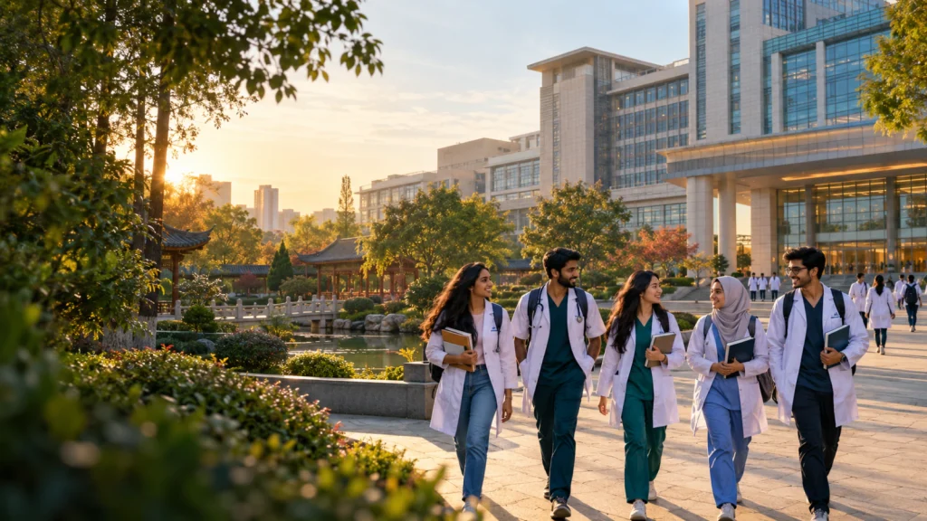 International medical students walking through a modern Chinese medical university campus