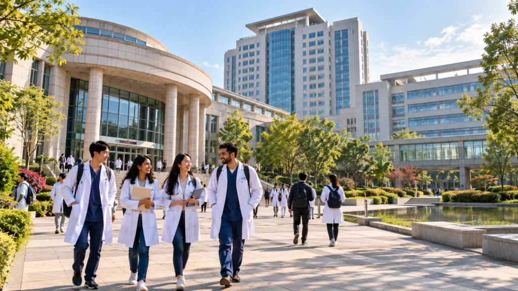 International and Chinese medical students outside a modern medical university campus in China