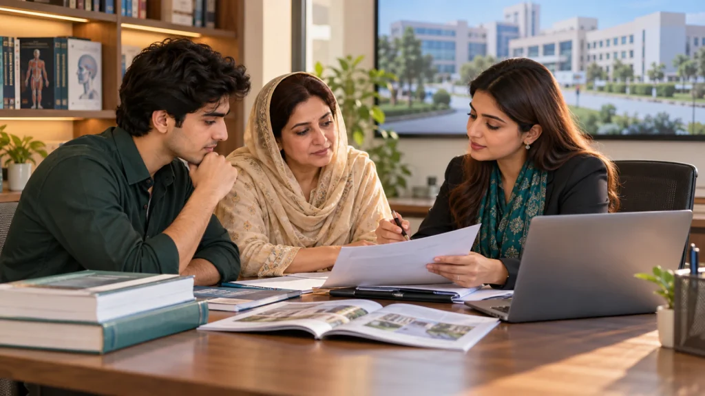 Pakistani student and parent reviewing the PMDC recognition pathway for an MBBS degree from China