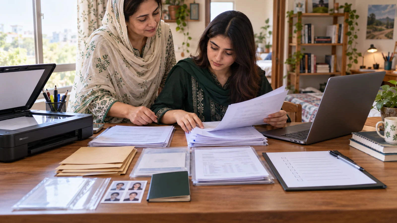 Pakistani student and parent organising documents for a Chinese university MBBS application