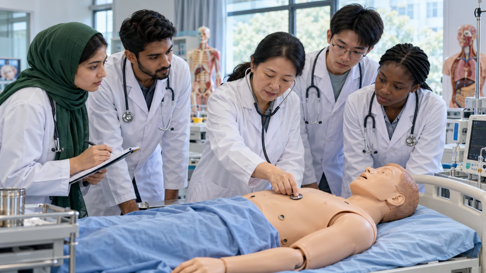 International medical students practising examination skills with an instructor and simulation mannequin