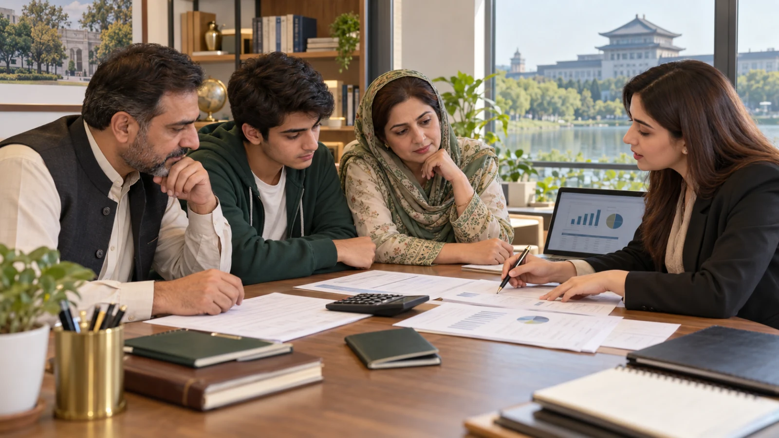 Pakistani family discussing tuition and living costs for medical study in China