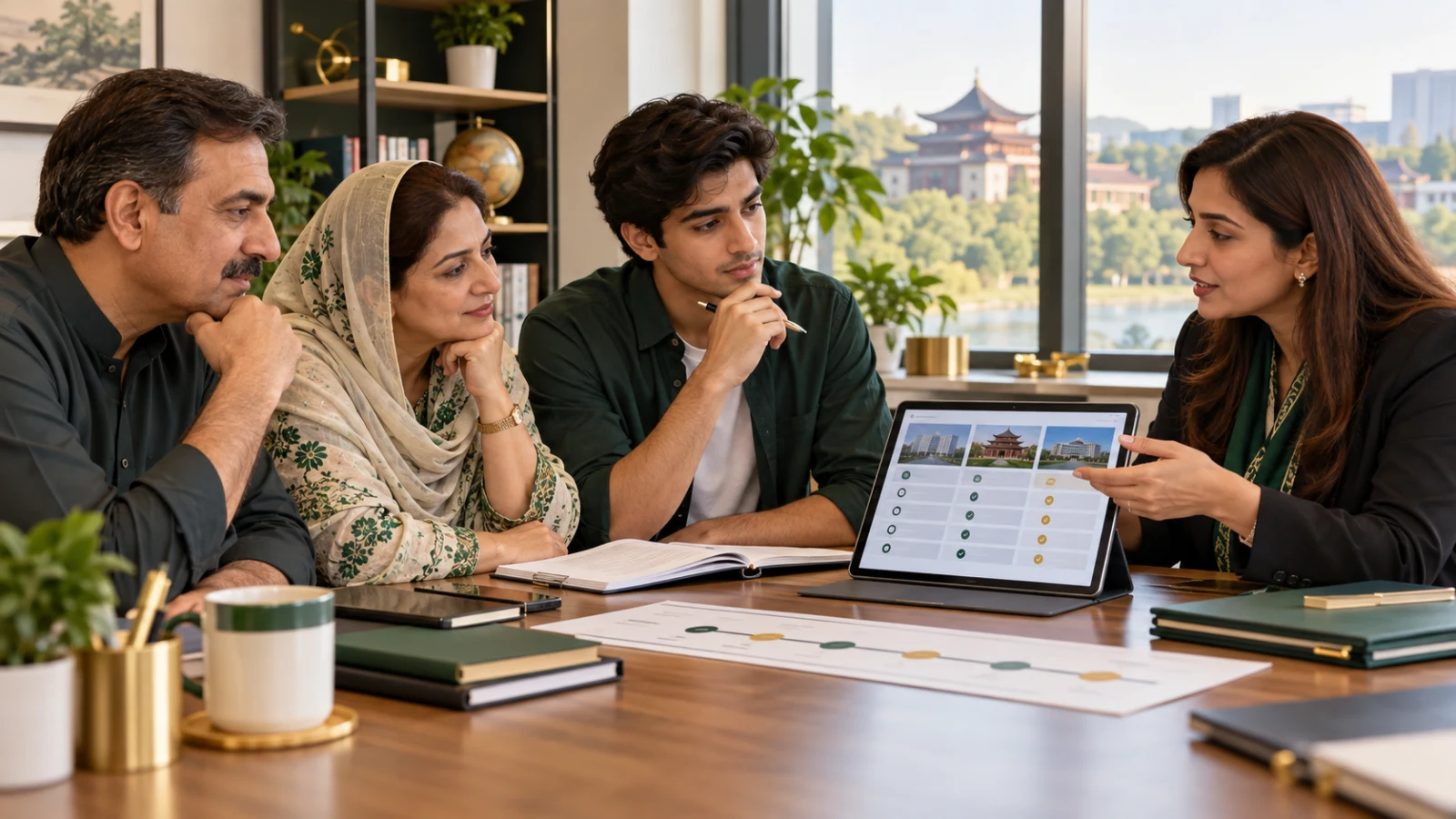 Pakistani student and parents comparing Chinese MBBS options with an education adviser