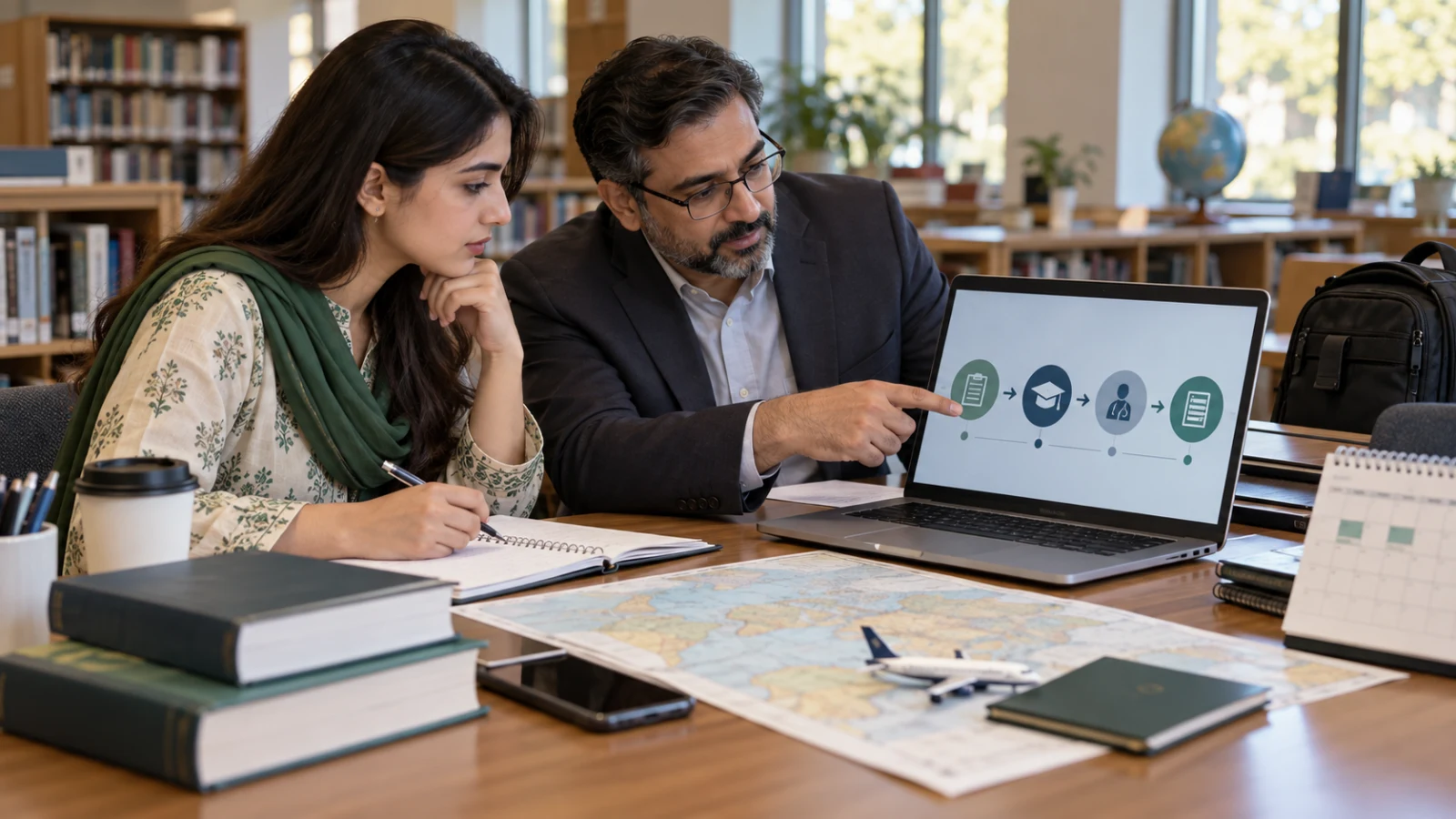 Pakistani medical applicant reviewing an overseas study and professional registration pathway with an adviser