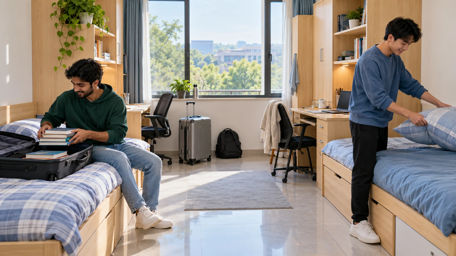 Pakistani and Chinese students settling into a shared university residence room