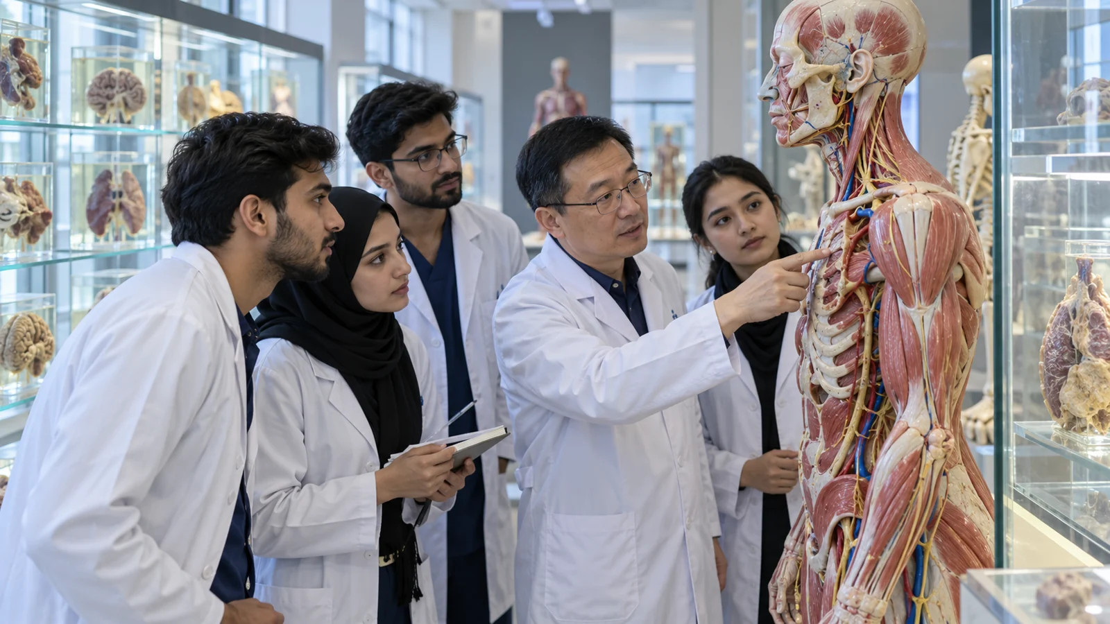 International medical students learning anatomy with an instructor and anatomical model