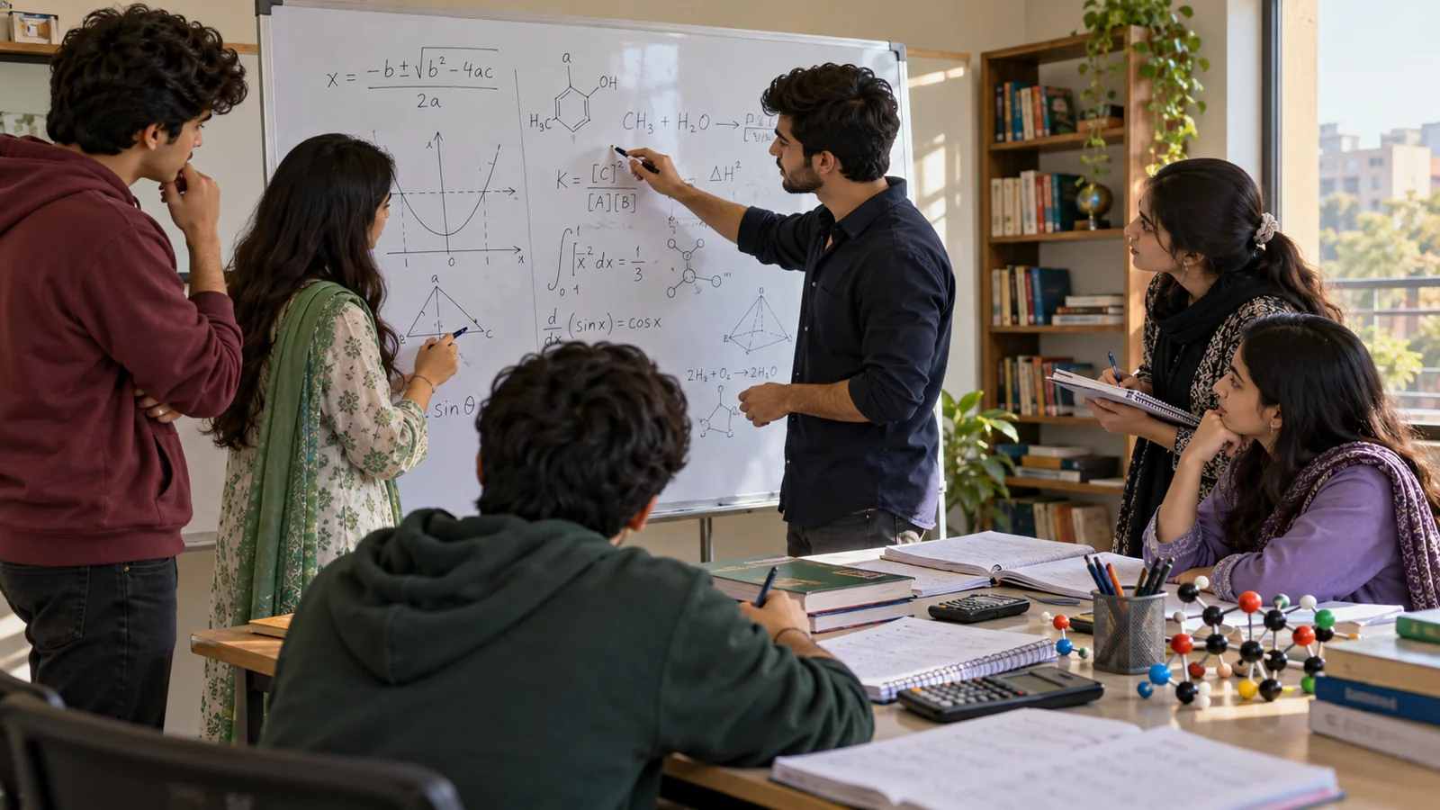 Pakistani students preparing CSCA Mathematics and Chemistry at a whiteboard
