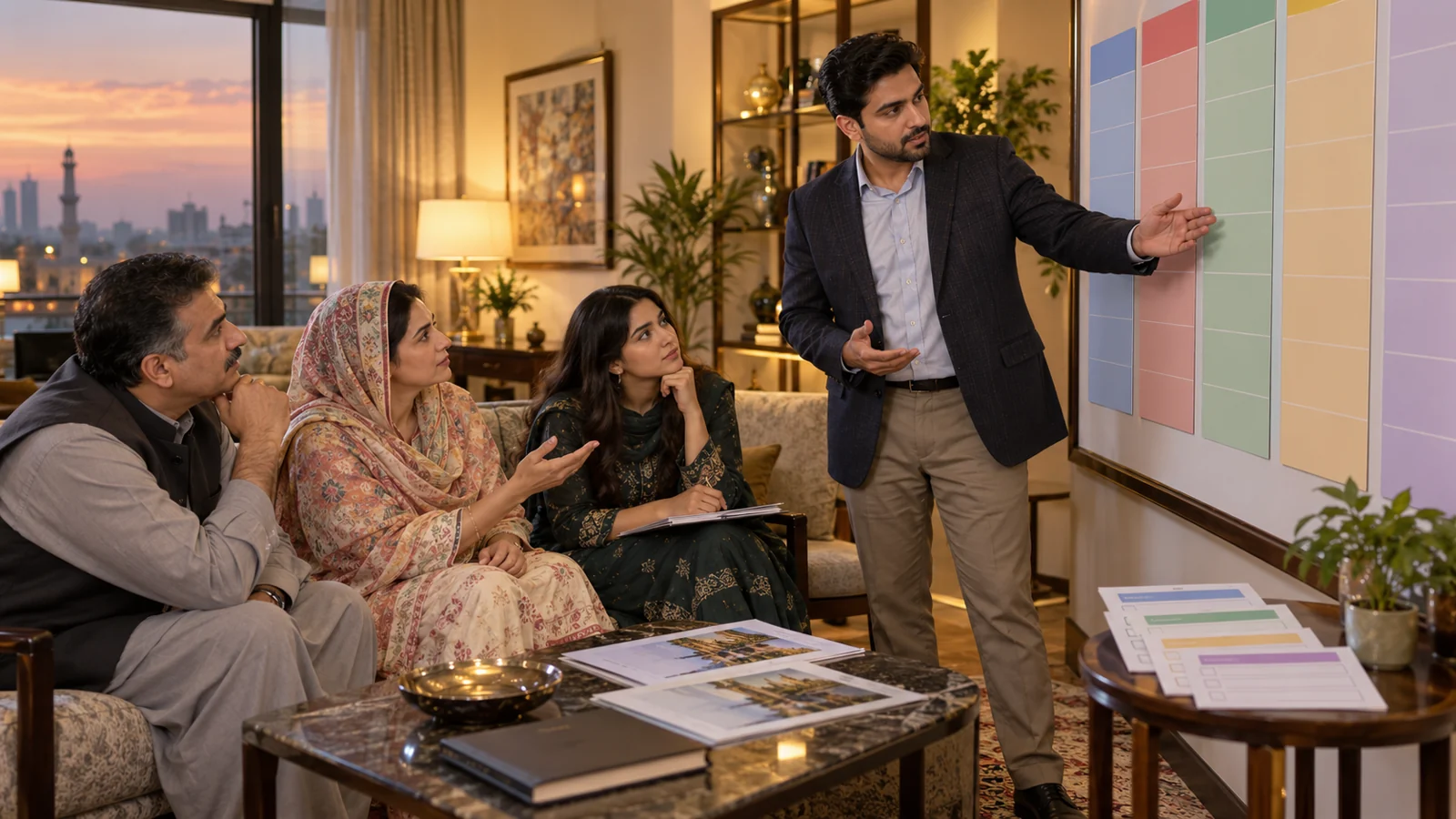 Pakistani student and parents comparing Chinese medical study options with a professional adviser