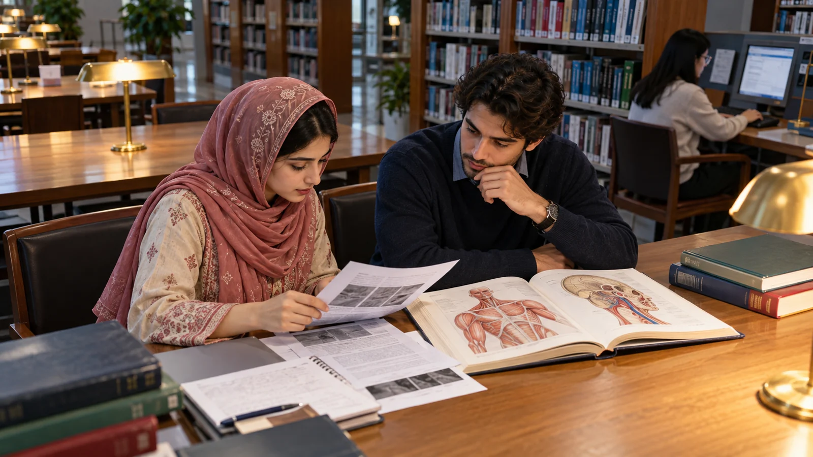 Pakistani medical students comparing journal papers and an anatomy atlas in a library