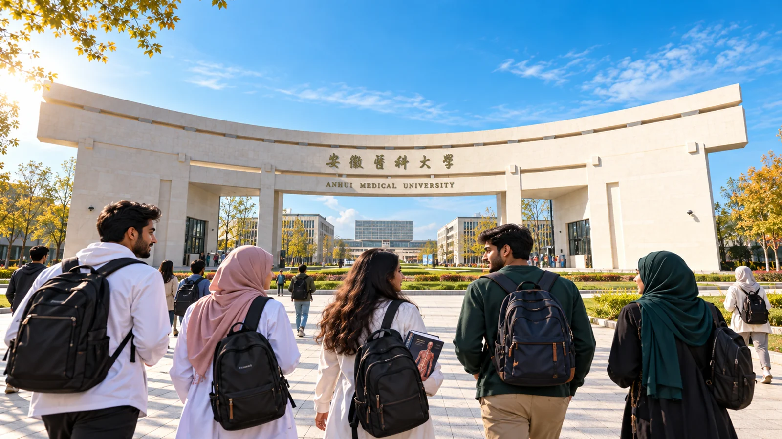 Pakistani medical students entering the real Anhui Medical University campus gate in Hefei