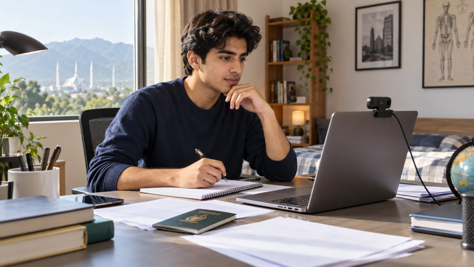 Pakistani applicant organising documents for an online university application and possible interview
