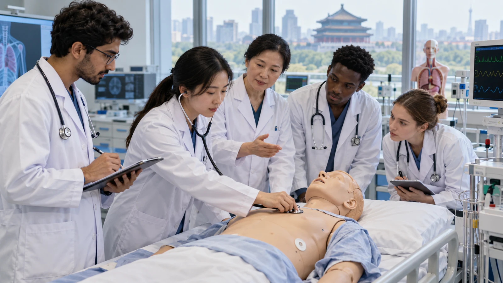 International medical students practising patient examination skills in a simulation laboratory