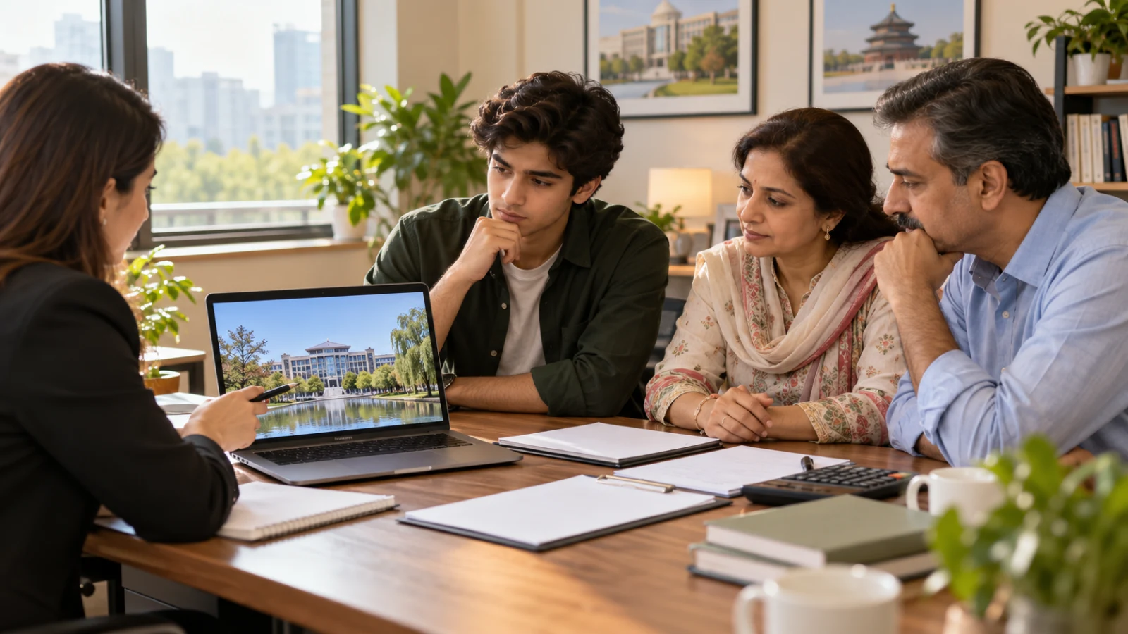 Pakistani student and parents comparing Chinese medical study options with a professional adviser
