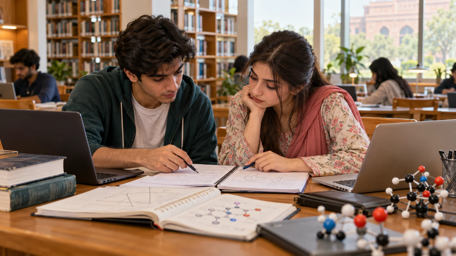 Pakistani pre-medical students preparing CSCA Mathematics and science subjects in a library