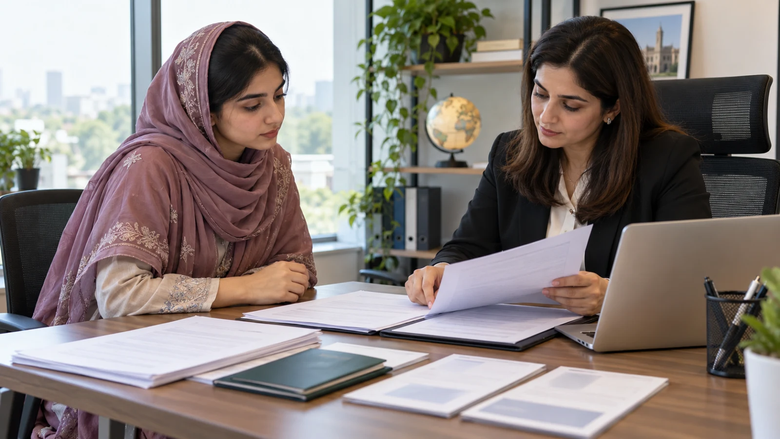 Pakistani student reviewing science marks and English readiness with an education counsellor