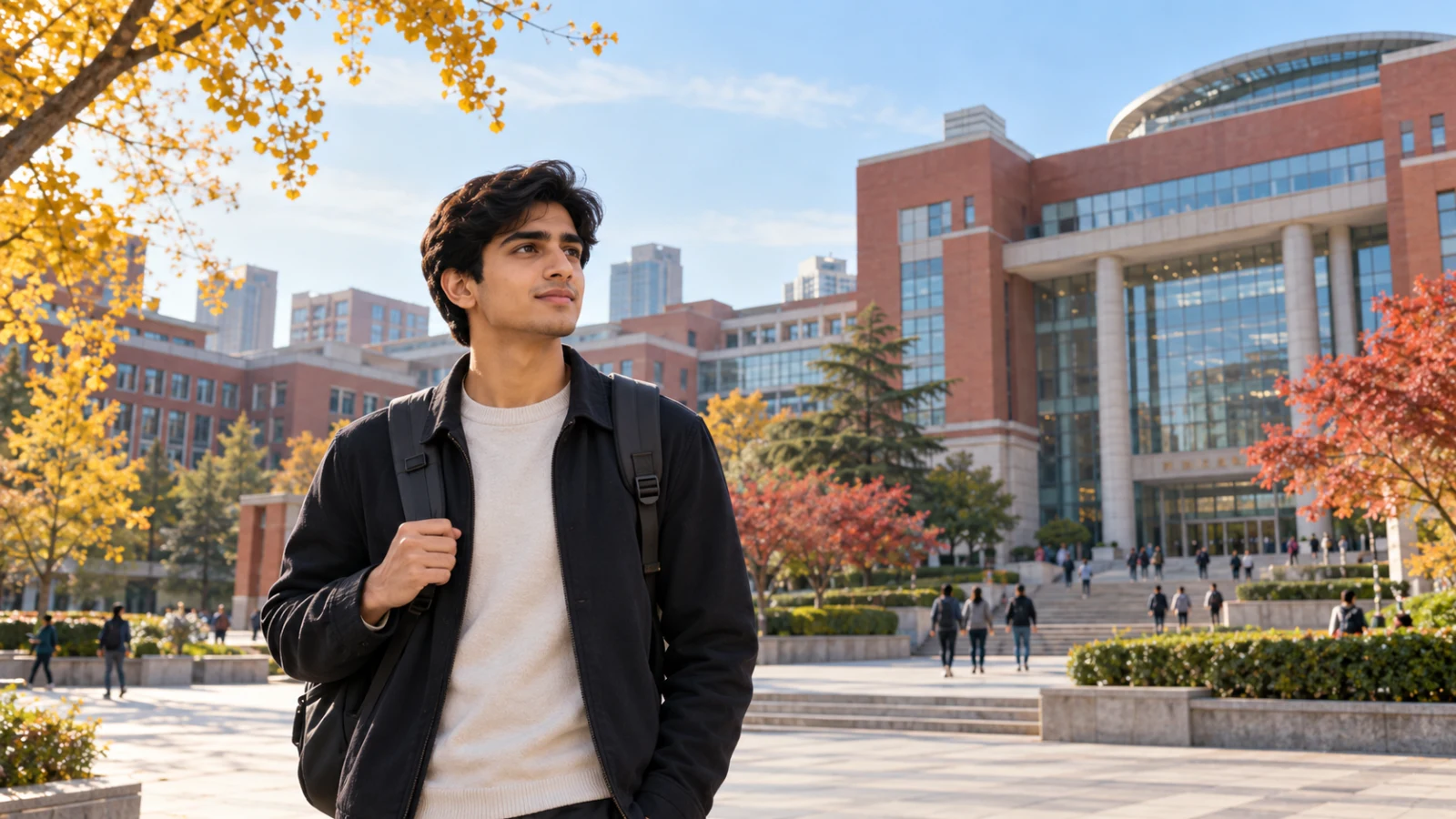 Pakistani medical applicant viewing a modern Beijing medical university campus