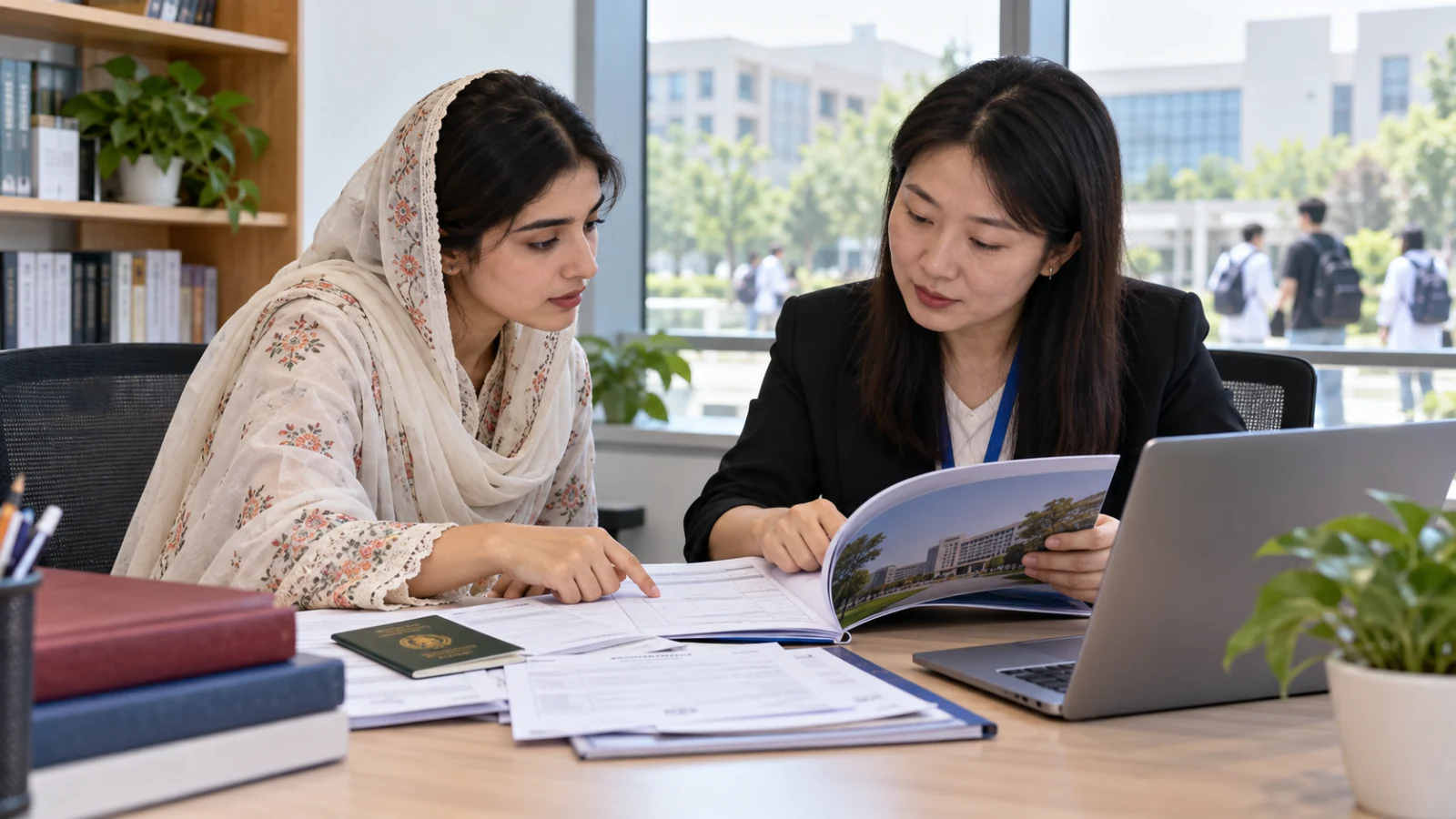 Pakistani applicant and Chinese admissions officer reviewing CTGU application documents