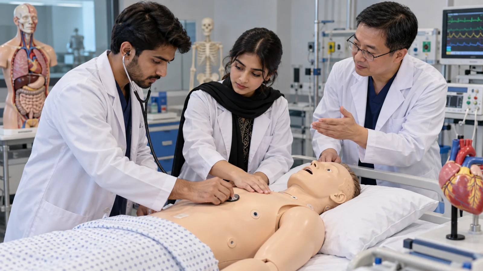 Pakistani medical students practising cardiovascular examination in a clinical skills simulation laboratory