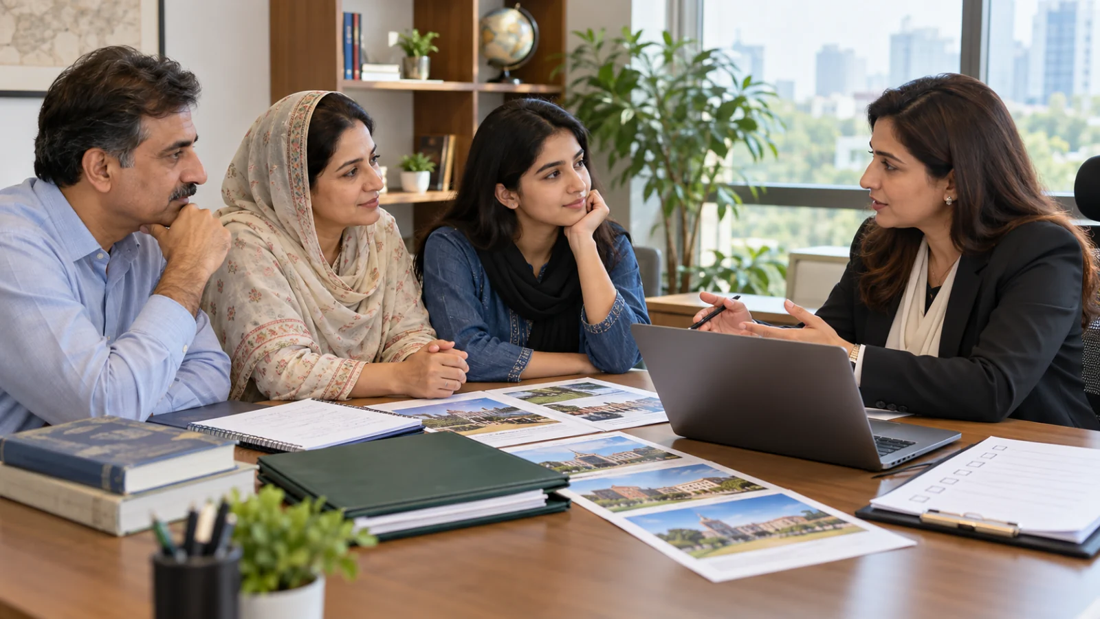Pakistani student and parents comparing Chinese medical study options with a professional adviser