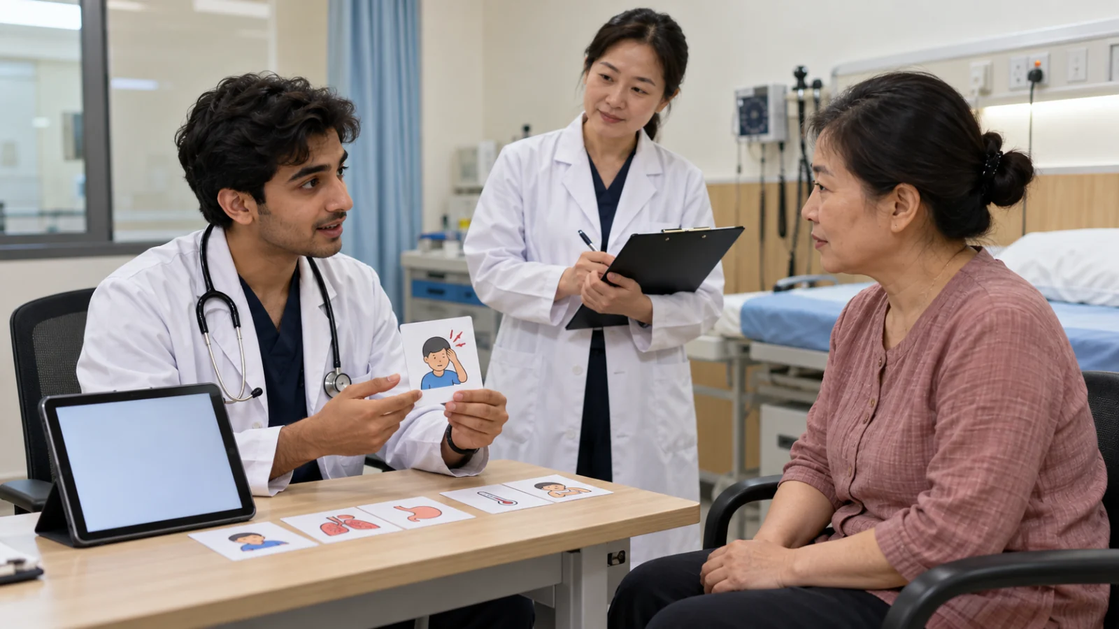 Pakistani medical student practising Chinese patient communication with a standardised patient