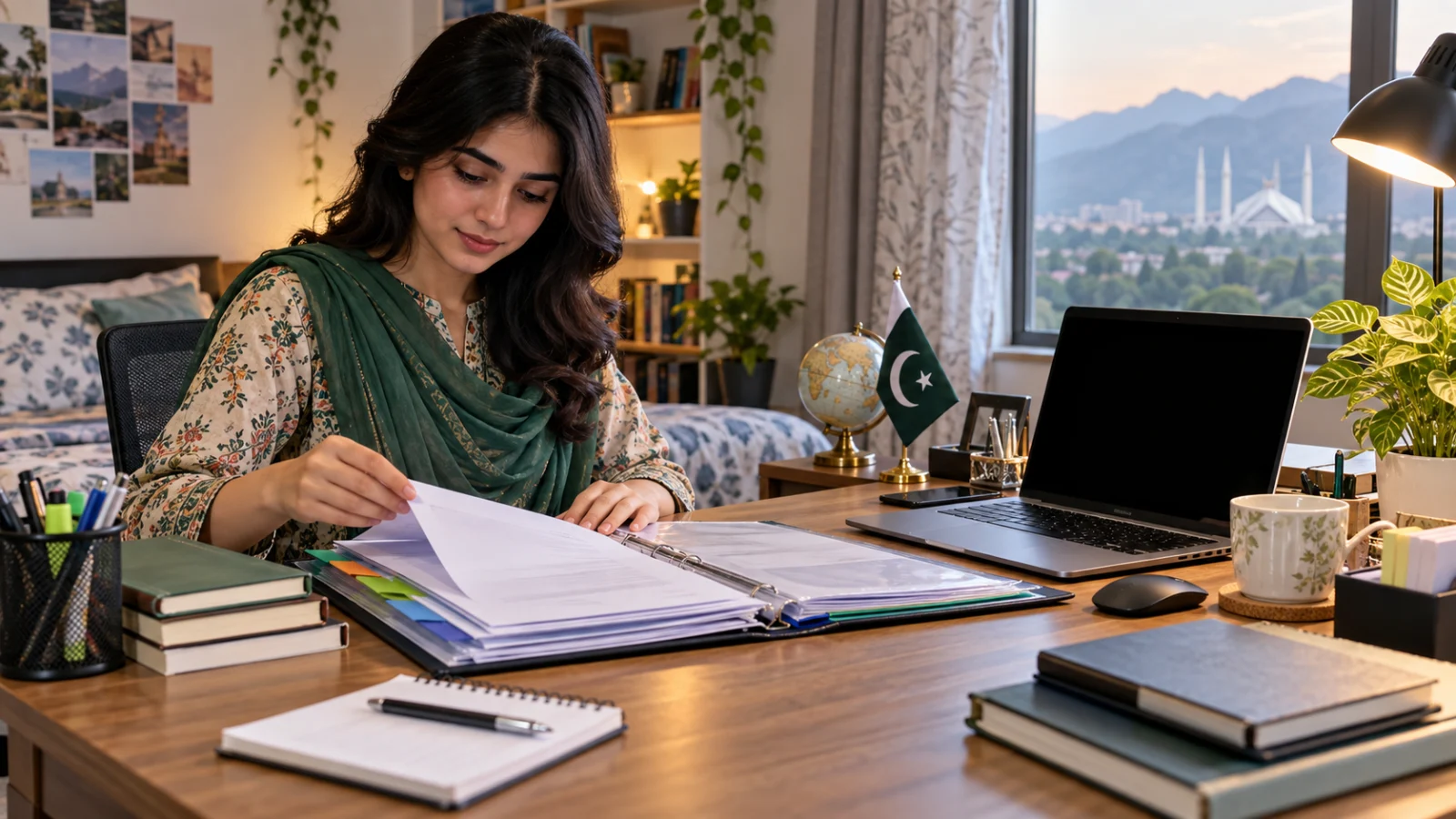 Pakistani applicant organising blank application papers while preparing for an online university interview
