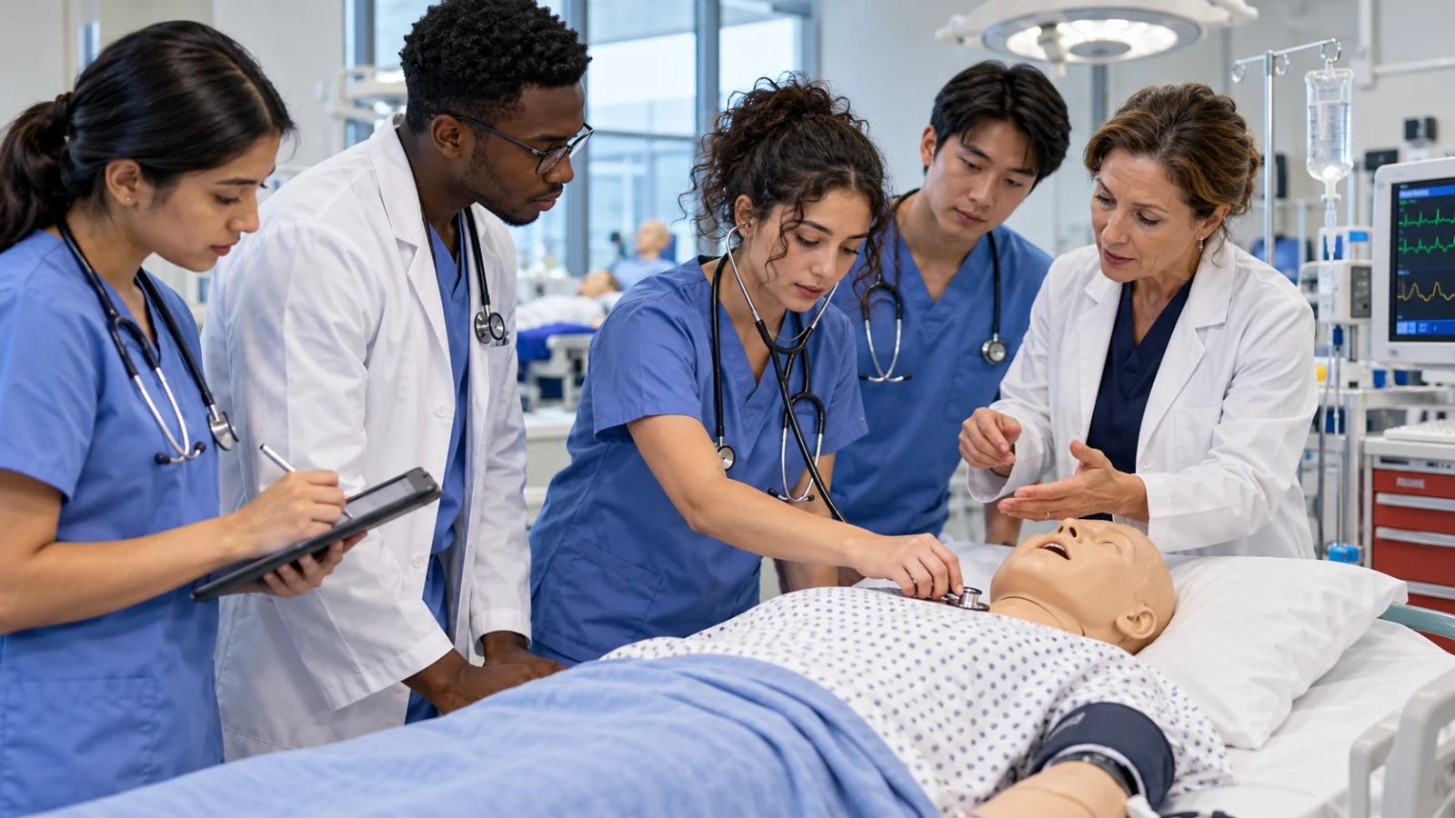 International medical students practising patient examination skills in a simulation laboratory