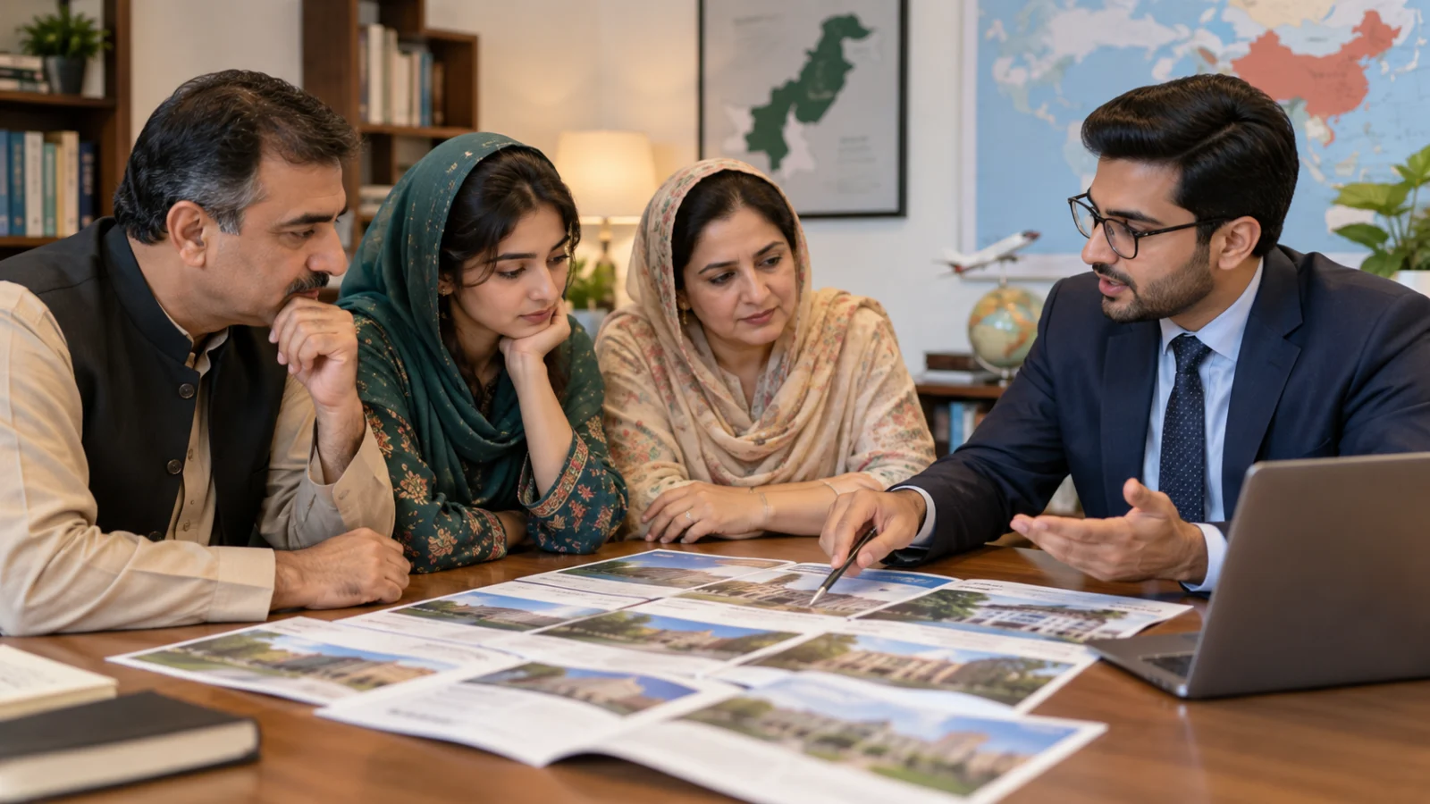 Pakistani student and parents comparing Chinese medical study options with a professional adviser