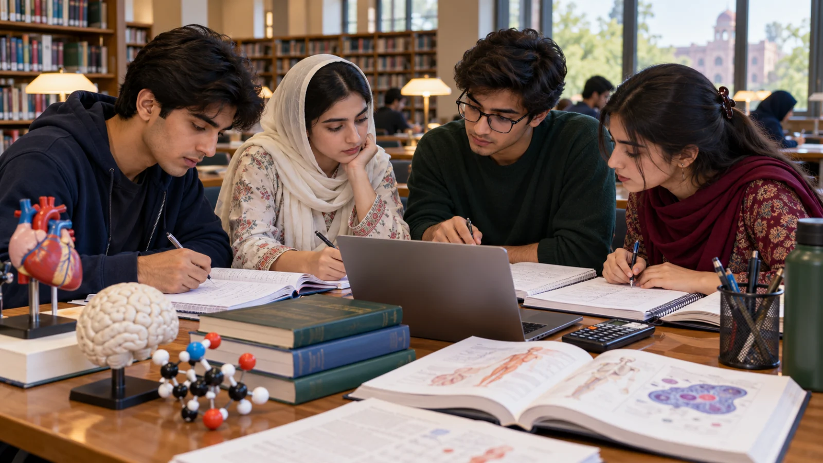 Pakistani pre-medical students preparing for CSCA science and mathematics assessments in a library
