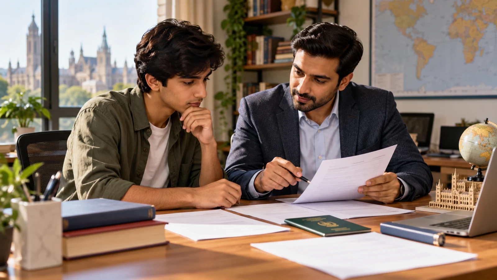 Pakistani student reviewing science marks and English readiness with an education counsellor