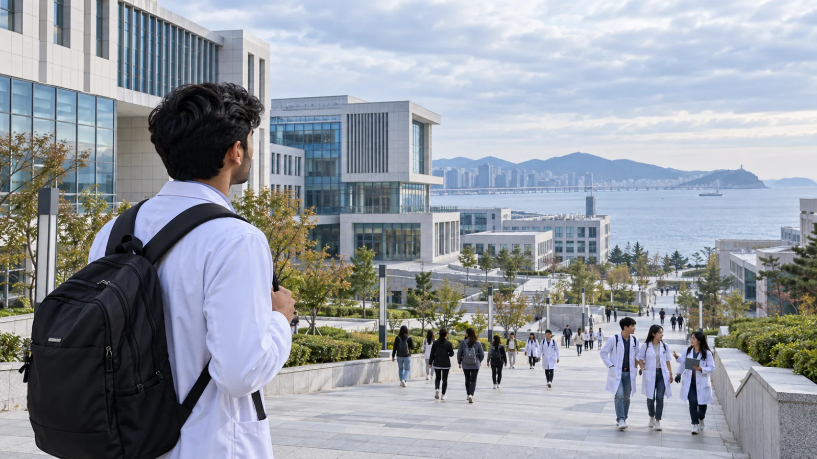 Pakistani medical applicant viewing a modern Dalian medical university campus