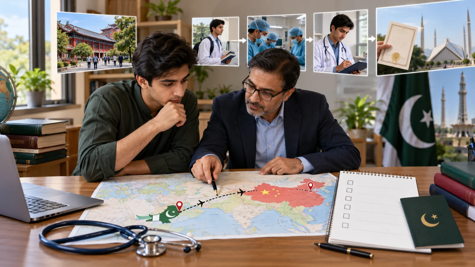 Pakistani medical applicant and adviser mapping admission study records clinical training and licensing steps