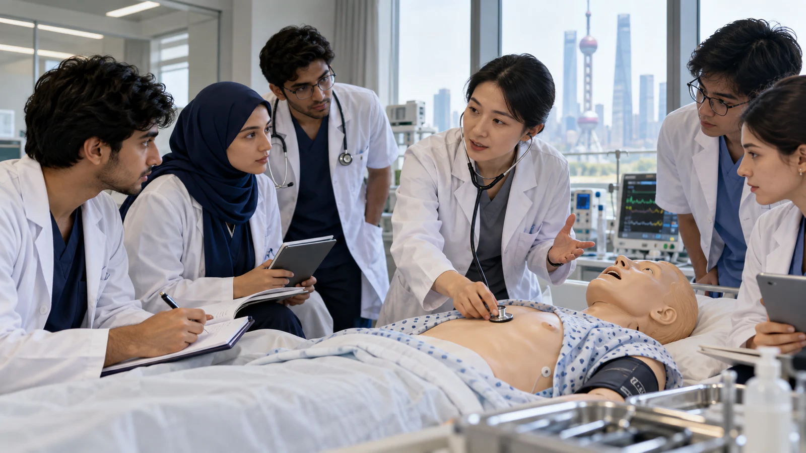 International medical students practising patient examination with a clinical instructor
