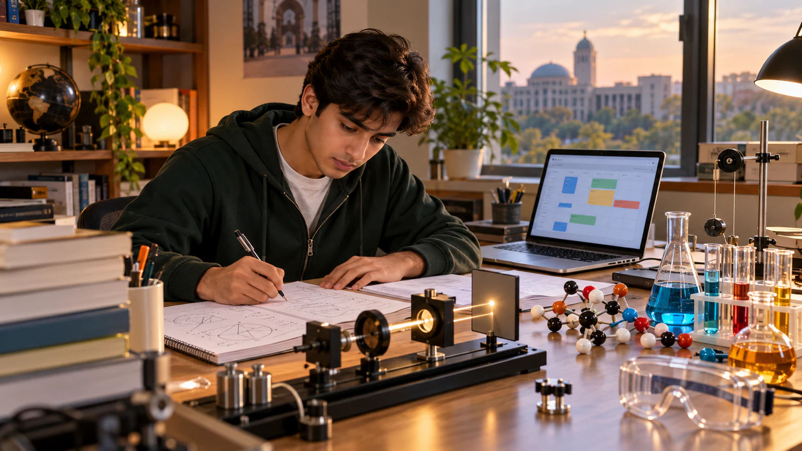 Pakistani pre-medical student preparing CSCA Mathematics, Physics and Chemistry at a study desk