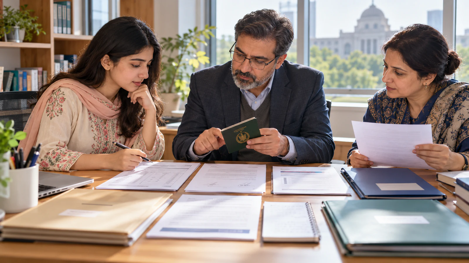 Pakistani applicant and family member reviewing passport and university admission documents