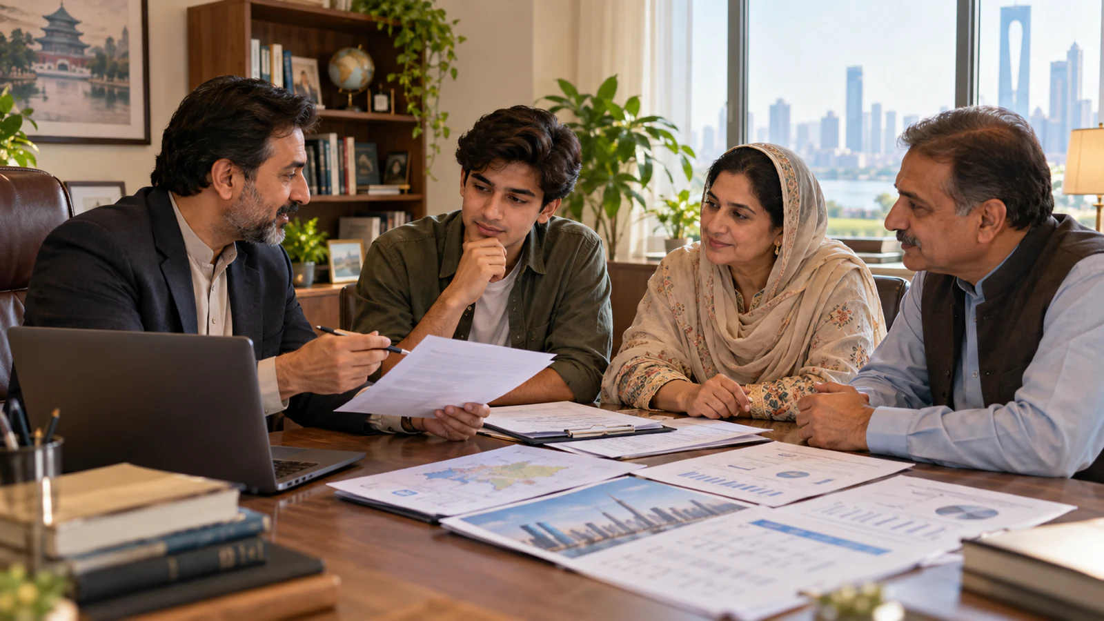Pakistani student and parents comparing Chinese medical study options with a professional adviser