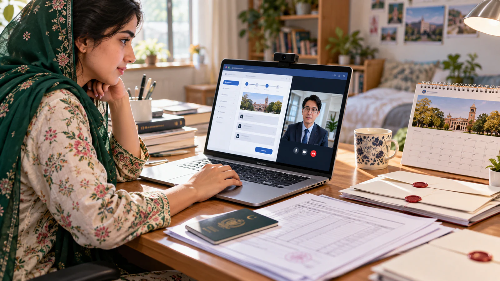 Pakistani applicant reviewing an online university application and possible admission call