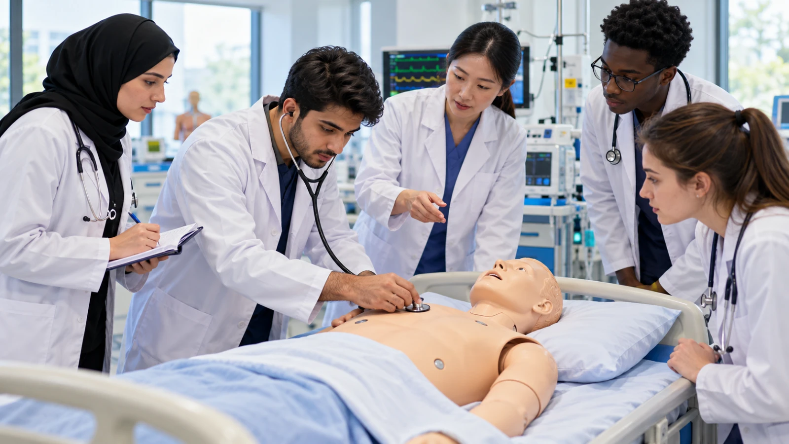 International medical students practising patient examination with a clinical instructor